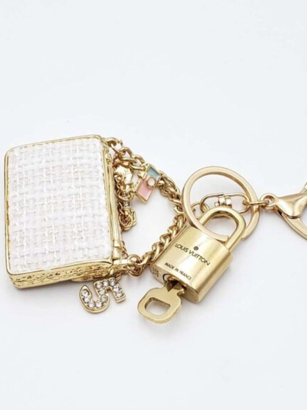 Authentic Louis Vuitton Padlock & Key Gold ✨Unbranded Tweed Bag Charm Keychain - Picture 5 of 8